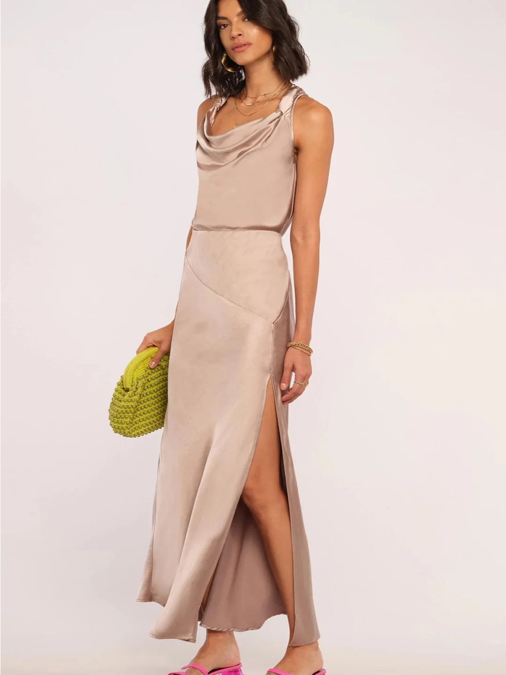 Heartloom Satin Cowl Neck Top & Slip Maxi Skirt in Taupe